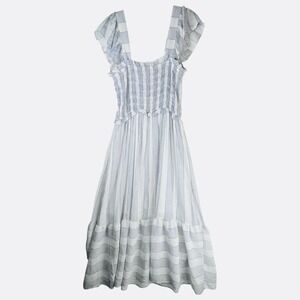 Perch Blu Pepper Dress 2XL Ruffle Tier Maxi Blue White Stripe Smocked